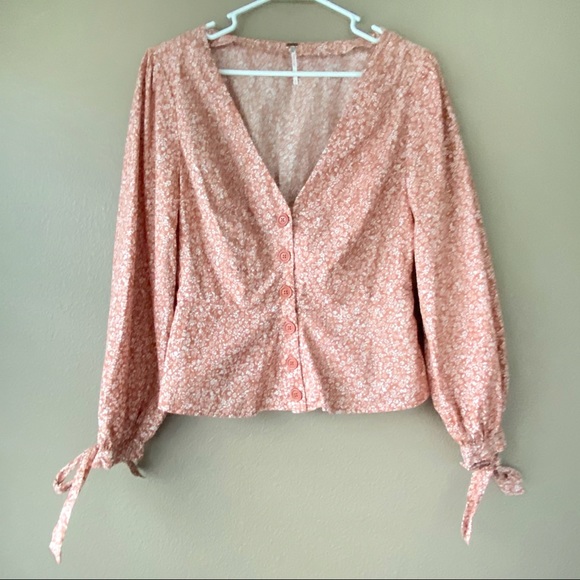 Free People Tops - Free People Button up Floral balloon sleeve Top blouse orange